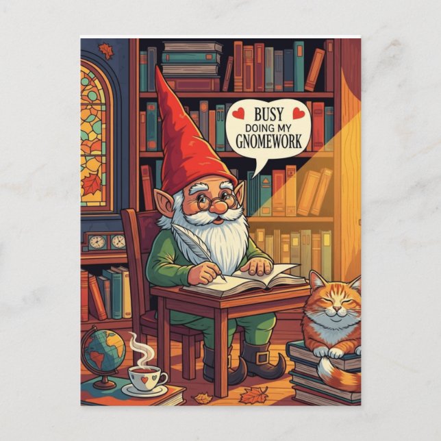 Cozy gnome doing his gnomework postcard (Front)