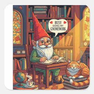 Cozy gnome doing his gnomework square sticker
