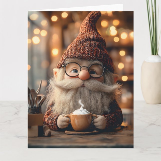 Cozy Gnome Enjoying a Cup of Hot Cocoa Card (Front)