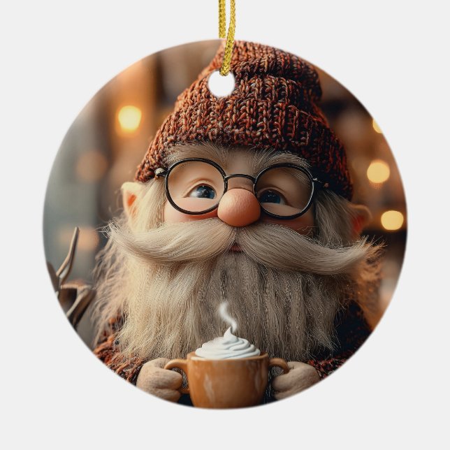 Cozy Gnome Enjoying a Cup of Hot Cocoa Ceramic Ornament (Front)
