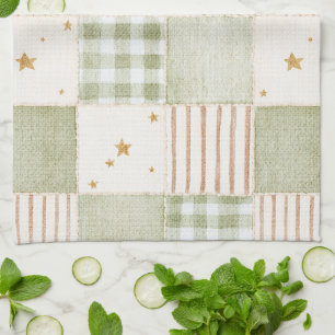 Cozy Gold Mint Green Stars Stripes Patches Kitchen Towel