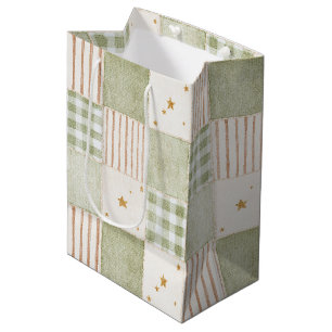 Cozy Gold Mint Green Stars Stripes Patches Medium Gift Bag
