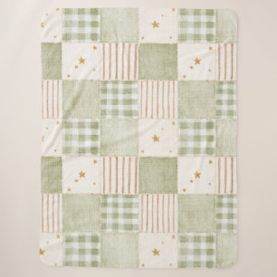 Cozy Gold Mint Green Stars Stripes Patches Sherpa Blanket
