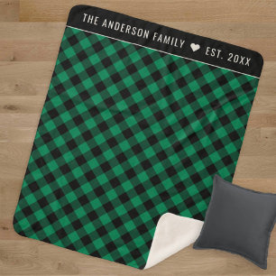 Cozy Green and Black Buffalo Plaid Family Monogram Sherpa Blanket