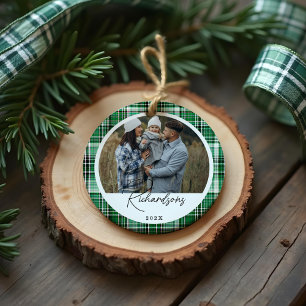 Cozy Green and Mint Plaid fabric Family Photo Ceramic Ornament