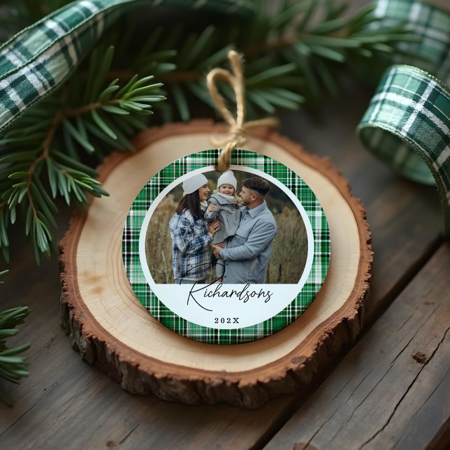 Cozy Green and Mint Plaid fabric Family Photo Ceramic Ornament (Cozy Green and Mint Plaid fabric Family Photo Ceramic Ornament)