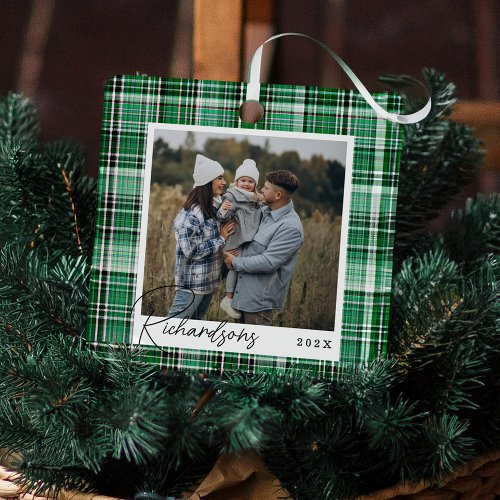 Cozy Green and White Plaid fabric Family Photo Metal Ornament