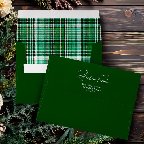 Cozy Green and White Plaid Flannel Pattern Address Envelope