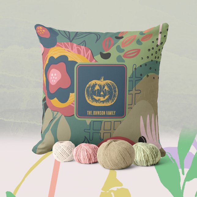 Cozy Green Blue Floral Pumpkin Throw Pillow (Cozy Green Blue Yellow Fall Pumpkin Floral Throw Pillow ©Susanne Sachers - Sunny Mind Design 🌞)