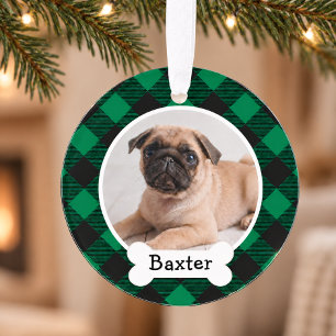 Cozy Green Buffalo Plaid Christmas Dog Photo Name Ornament