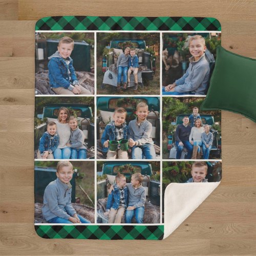 Cozy Green Buffalo Plaid Holiday Photo Collage Sherpa Blanket