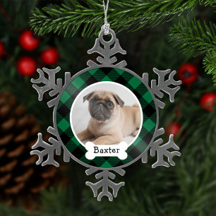 Cozy Green Buffalo Plaid Snowflake Dog Photo Name Pewter Christmas Ornament
