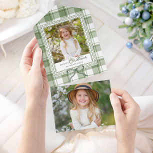 Cozy Green Christmas Watercolor Plaid w/Bow Photo All In One Invitation