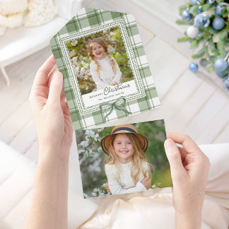 Cozy Green Christmas Watercolor Plaid w/Bow Photo All In One Invitation