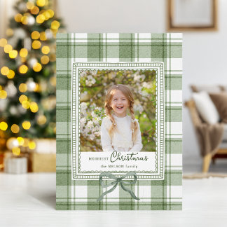 Cozy Green Christmas Watercolor Plaid w/Bow Photo Holiday Card