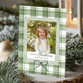 Cozy Green Christmas Watercolor Plaid w/Bow Photo Holiday Card