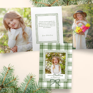 Cozy Green Christmas Watercolor Plaid w/Bow Photo Tri-Fold Holiday Card