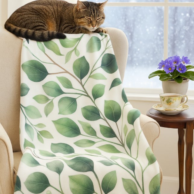 Cozy Green Eucalyptus Leaves   Fleece Blanket (Cozy up with nature eucalyptus fleece blanket brings warmth and calm to snowy winter days.)