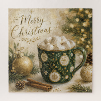 Cozy Green Gold Hot Cocoa Marshmallows Jigsaw Puzzle