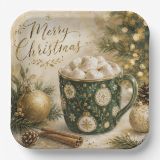 Cozy Green Gold Hot Cocoa Marshmallows Paper Plates