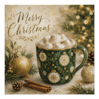 Cozy Green Gold Hot Cocoa Marshmallows Poster