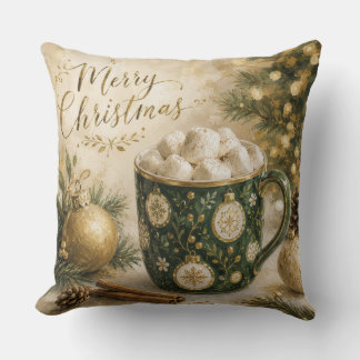 Cozy Green Gold Hot Cocoa Marshmallows Throw Pillow