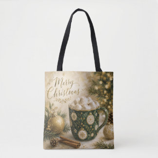 Cozy Green Gold Hot Cocoa Marshmallows Tote Bag