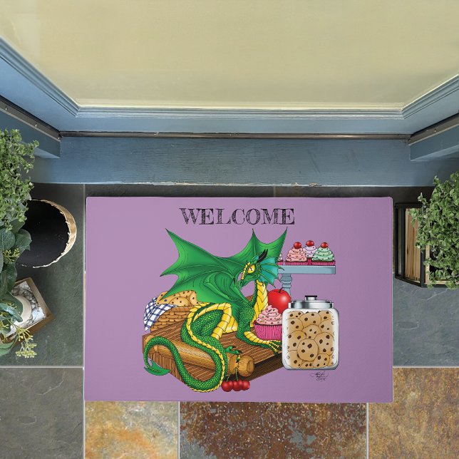 Cozy Green Pastry Chef Dragon Kitchen Bakery Doormat (Creator Uploaded)