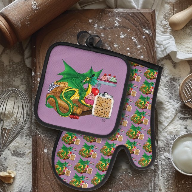 Cozy Green Pastry Chef Dragon Kitchen Bakery Oven Mitt & Pot Holder Set (Creator Uploaded)