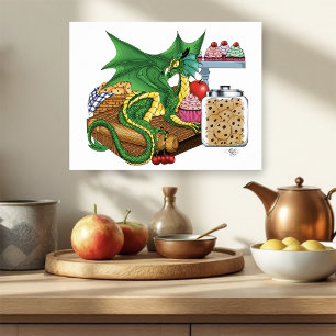Cozy Green Pastry Chef Dragon Kitchen Bakery Poster
