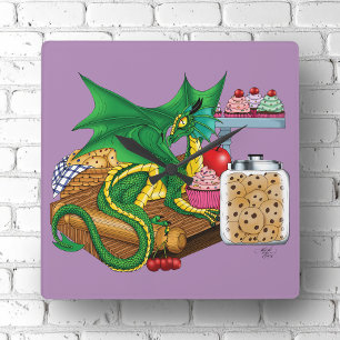 Cozy Green Pastry Chef Dragon Kitchen Bakery Square Wall Clock