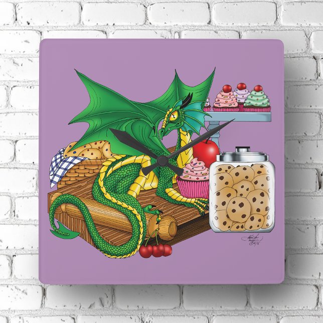 Cozy Green Pastry Chef Dragon Kitchen Bakery Square Wall Clock (Creator Uploaded)