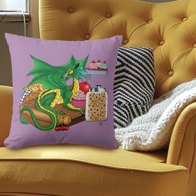 Cozy Green Pastry Chef Dragon Kitchen Bakery Throw Pillow (Creator Uploaded)