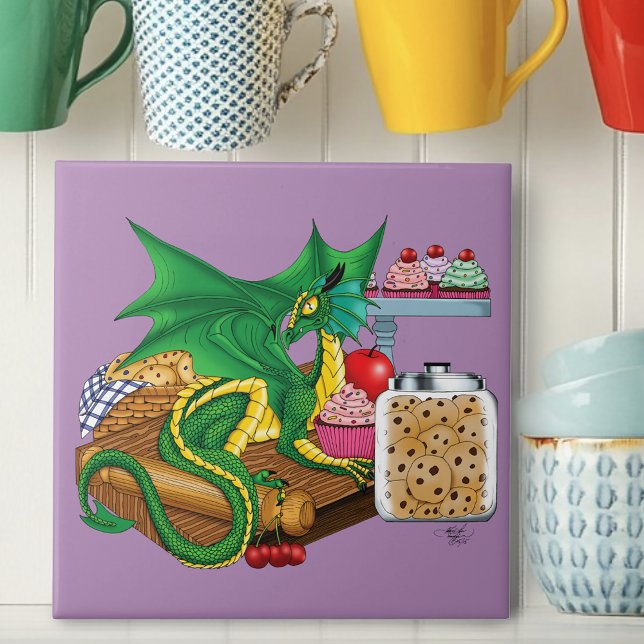 Cozy Green Pastry Chef Dragon Kitchen Bakery Tile (Creator Uploaded)