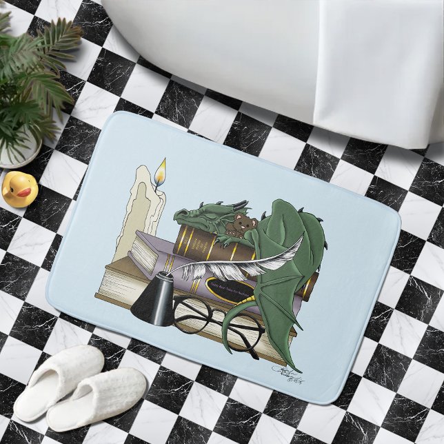Cozy Green Whimsical Sleeping Dragon Book Lover Bath Mat (Creator Uploaded)