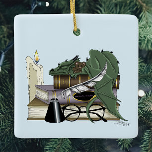Cozy Green Whimsical Sleeping Dragon Book Lover Ceramic Ornament