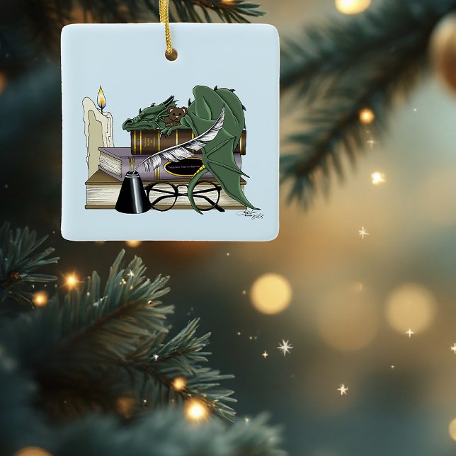 Cozy Green Whimsical Sleeping Dragon Book Lover Ceramic Ornament (Creator Uploaded)