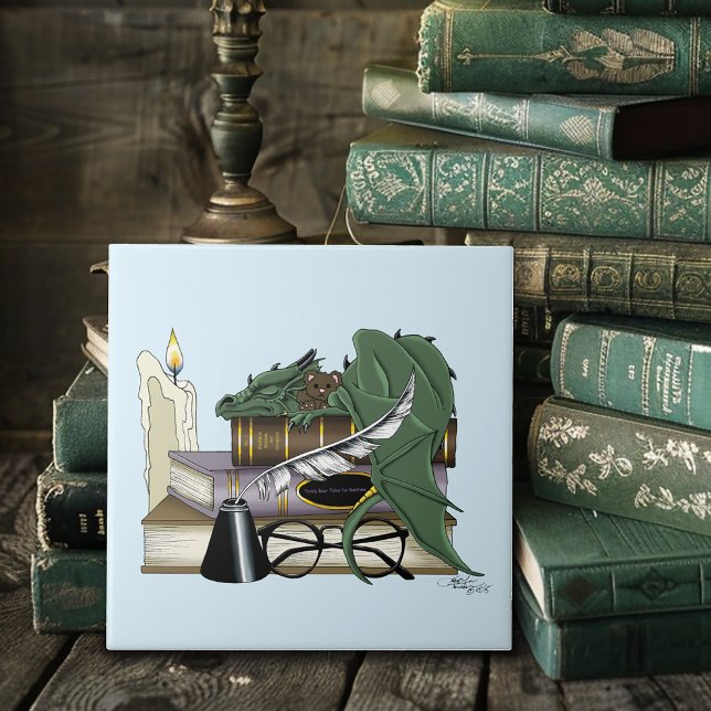 Cozy Green Whimsical Sleeping Dragon Book Lover Ceramic Tile (Creator Uploaded)