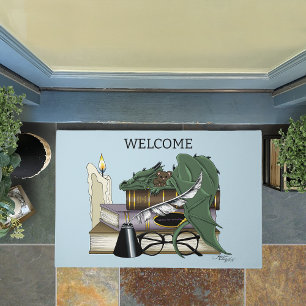 Cozy Green Whimsical Sleeping Dragon Book Lover Doormat