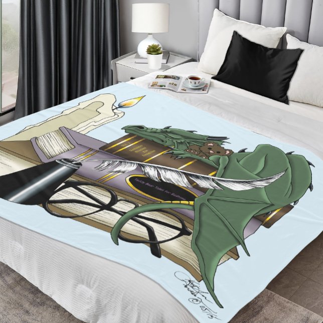 Cozy Green Whimsical Sleeping Dragon Book Lover Fleece Blanket (Creator Uploaded)