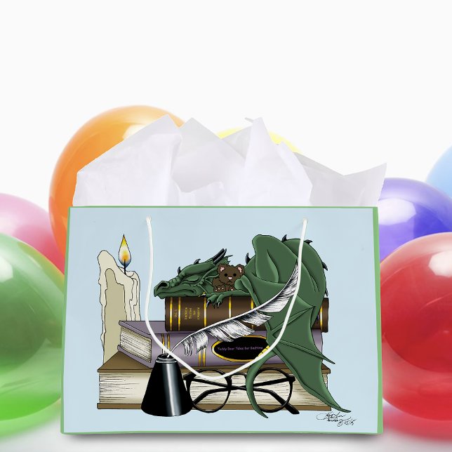 Cozy Green Whimsical Sleeping Dragon Book Lover Large Gift Bag (Creator Uploaded)