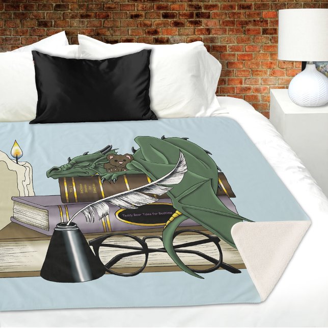 Cozy Green Whimsical Sleeping Dragon Book Lover Sherpa Blanket (Creator Uploaded)