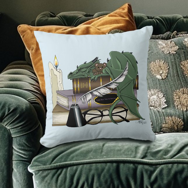 Cozy Green Whimsical Sleeping Dragon Book Lover Throw Pillow (Creator Uploaded)