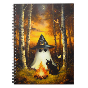 Cozy Halloween Ghost & Black Cat Campfire Art Notebook