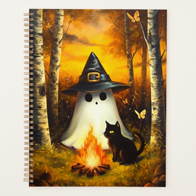 Cozy Halloween Ghost & Black Cat Campfire Art Planner (Front)