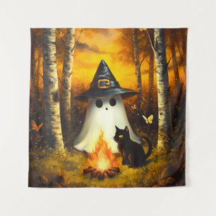 Cozy Halloween Ghost & Black Cat Campfire Art Tapestry