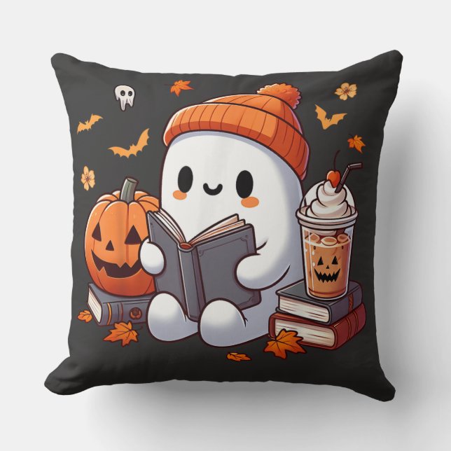 Cozy Halloween Ghost with Autumn Treats Throw Pillow (Front)