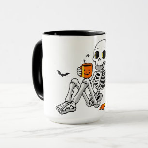 Cozy Halloween Skeleton with Coffee & Bats Mug / S