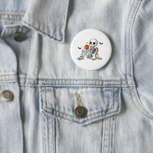 Cozy Halloween Skeleton with Coffee & Bats Mug / S Button