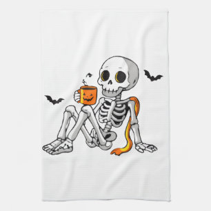 Cozy Halloween Skeleton with Coffee & Bats Mug / S Kitchen Towel